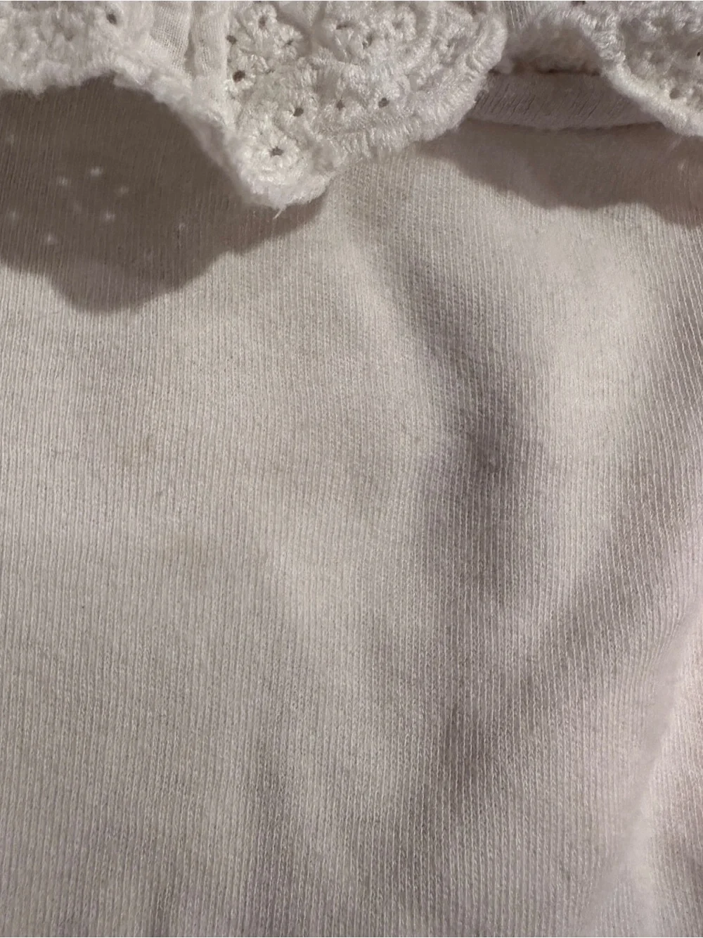 Baby Boden white onesie with lace collar fair light stains, size 2-3 years